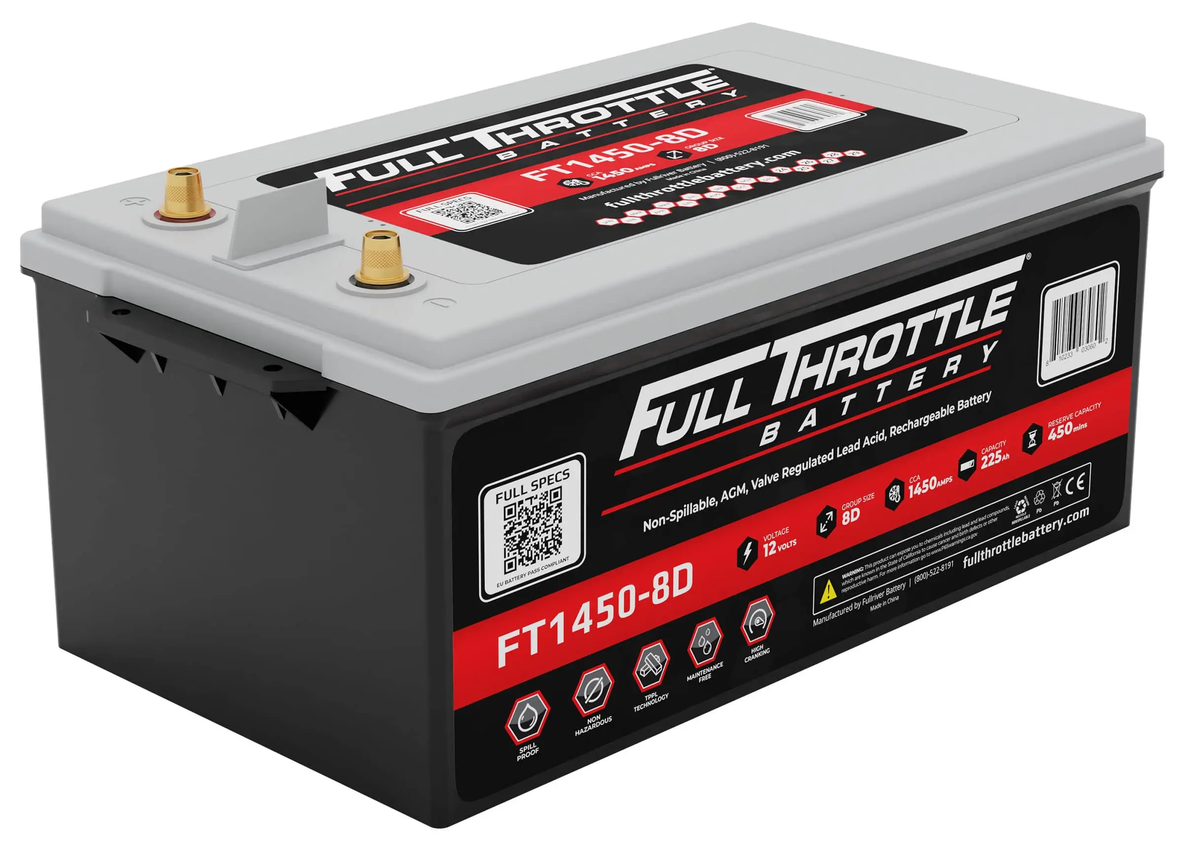 Full Throttle FT1450-8D High Performance AGM Battery Group 8D, 1450CCA, 12V 225AH, SAE Terminal