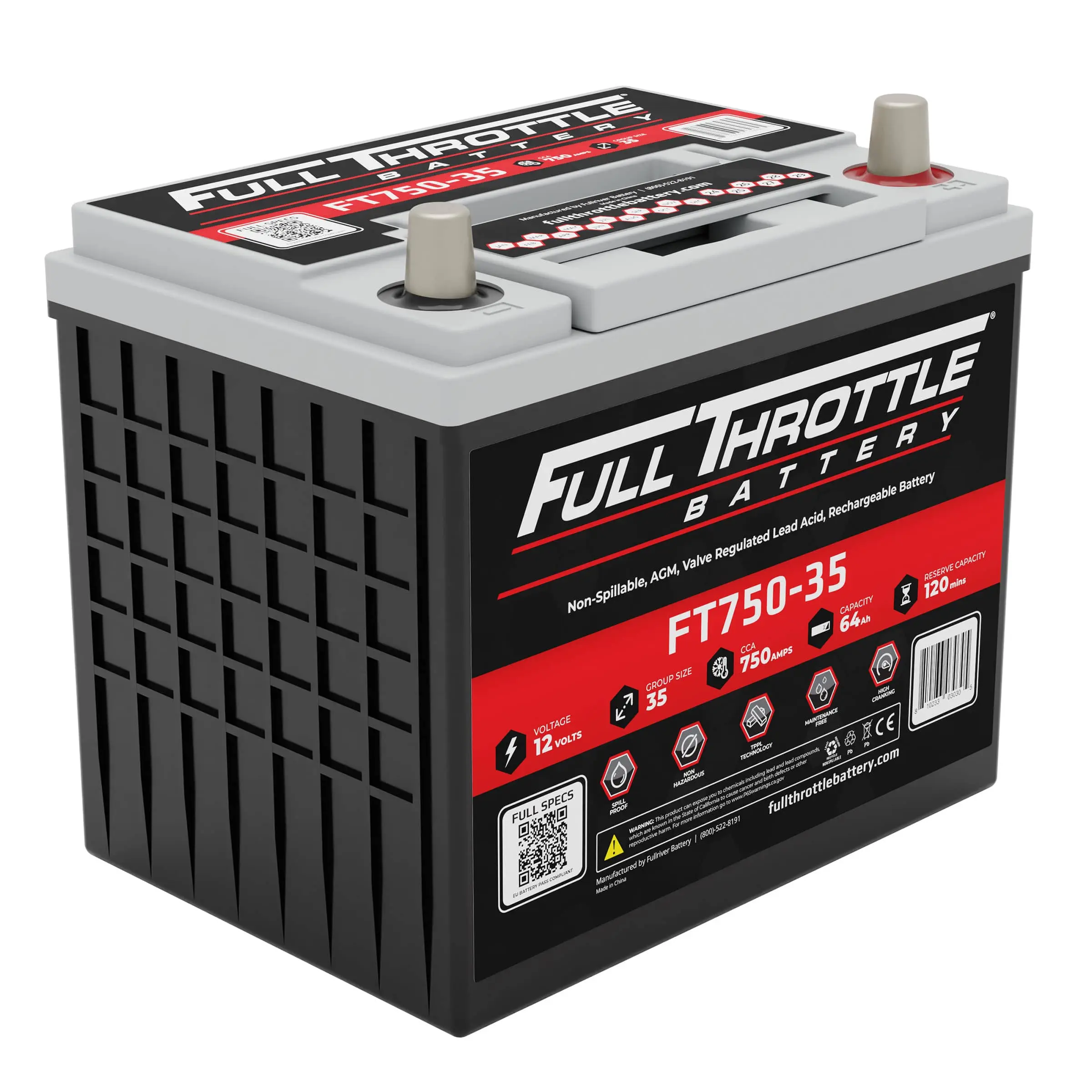 Full Throttle FT750-35 High Performance AGM Battery Group 35, 750CCA, 12V 64AH, RHP, SAE Terminal